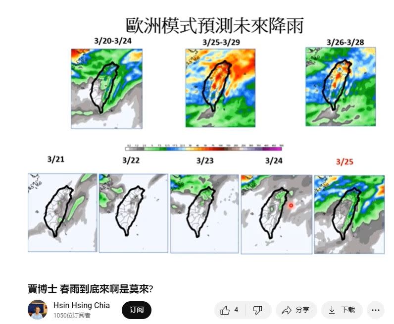 中南部水情解渴有望，氣象專家賈新興表示，26至28日（週日到下週二）中南部有降雨機率。（圖／翻攝自賈新興YT頻道）