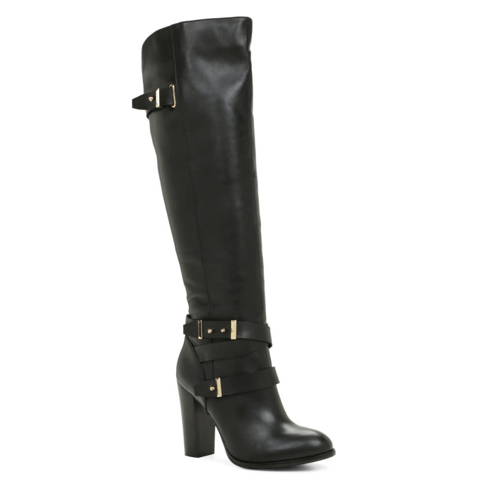 Pull on a pair of over-the-knee boots: “These are so on-trend right now, and the perfect way to hide an extra layer without adding bulk. Wear them over tights and knee-high socks to keep your legs and toes warm and toasty. The best part is that you can wear a shorter skirt or dress without exposing your legs to the frigid winter temperatures.” ULOCIA over-the-knee dress boots, $180 from aldoshoes.com  