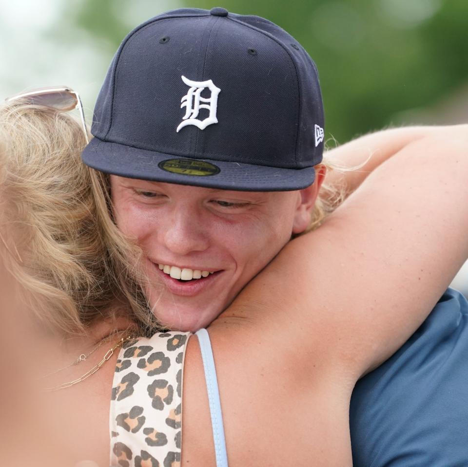 Franklin Community High School's baseball star Max Clark is congratulated after being drafted by the Detroit Tigers during the MLB draft on Sunday, July, 9, 2023, at his family home in Franklin Ind.