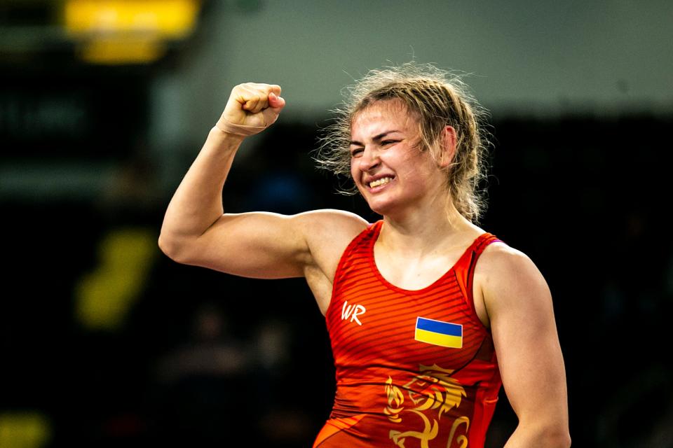 Alina Hrushyna Akobiia of Ukraine reacts after scoring a decision at 55 kg during championship finals of the United World Wrestling women's freestyle World Cup against China on Sunday