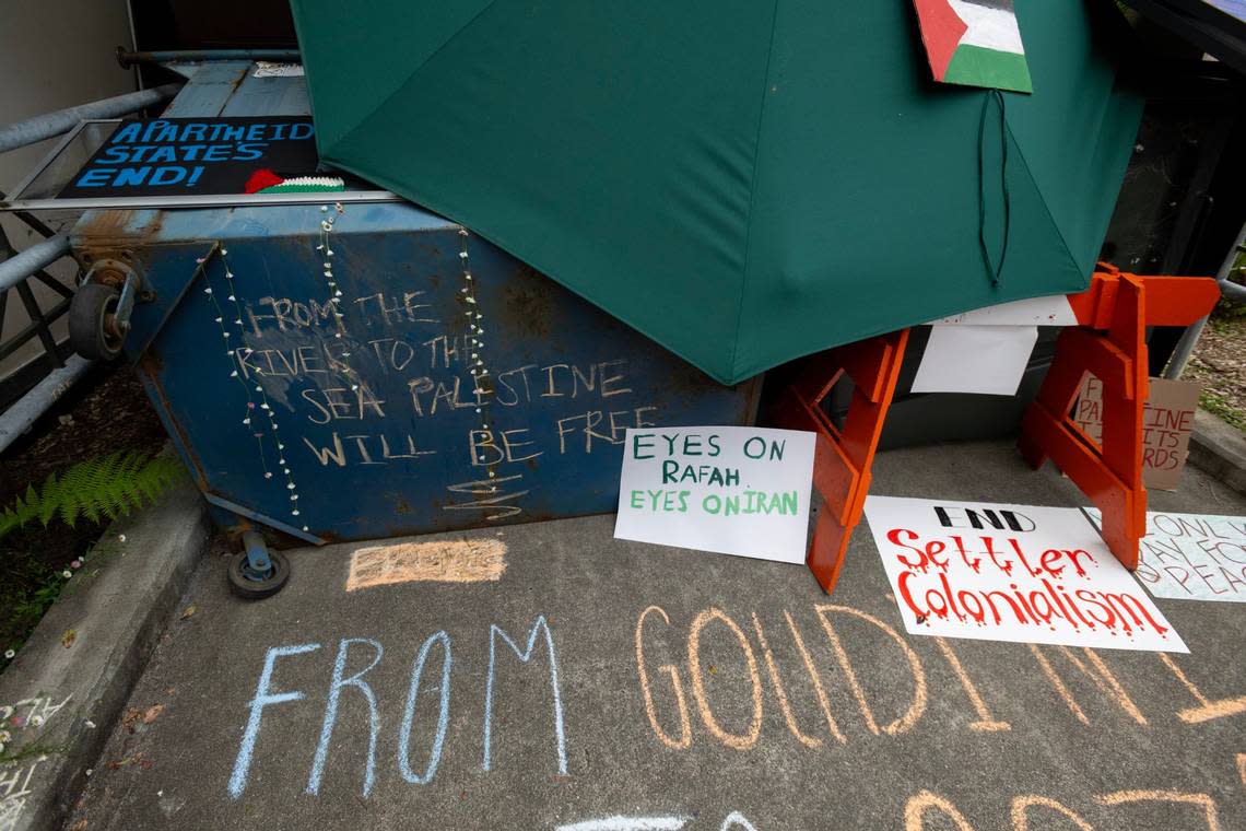 A barricade stands at the entrance to Siemens Hall, which has been occupied by pro-Palestinian students and community members calling for a permanent ceasefire in Gaza, on Tuesday, April 23, 2024, at Cal Poly Humboldt in Arcata.