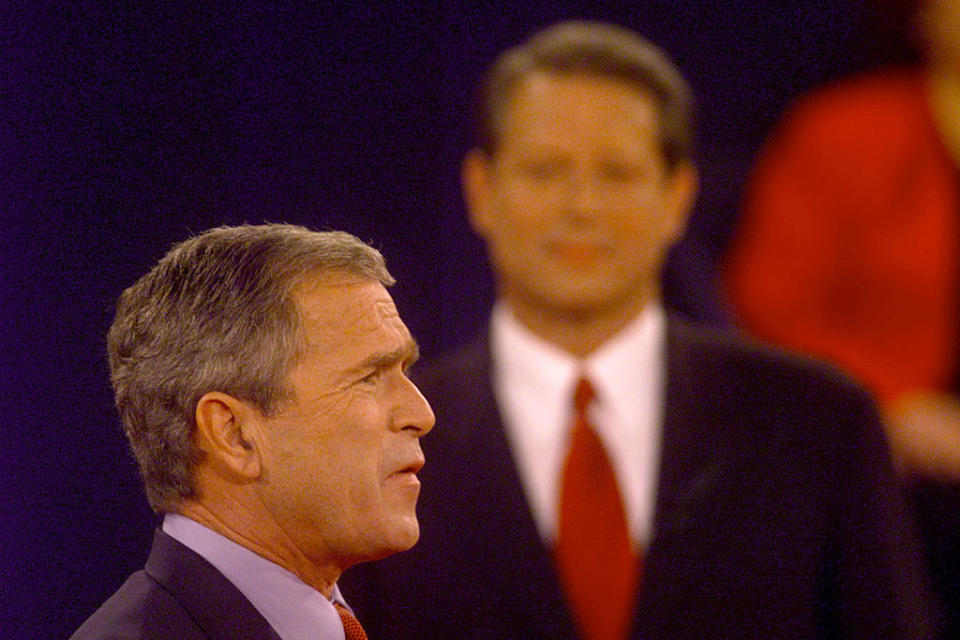 Republican presidential candidate Texas governor George W. Bush speaks during a debate with Democratic candidate Vice President Al Gore | Getty Images—Getty Images