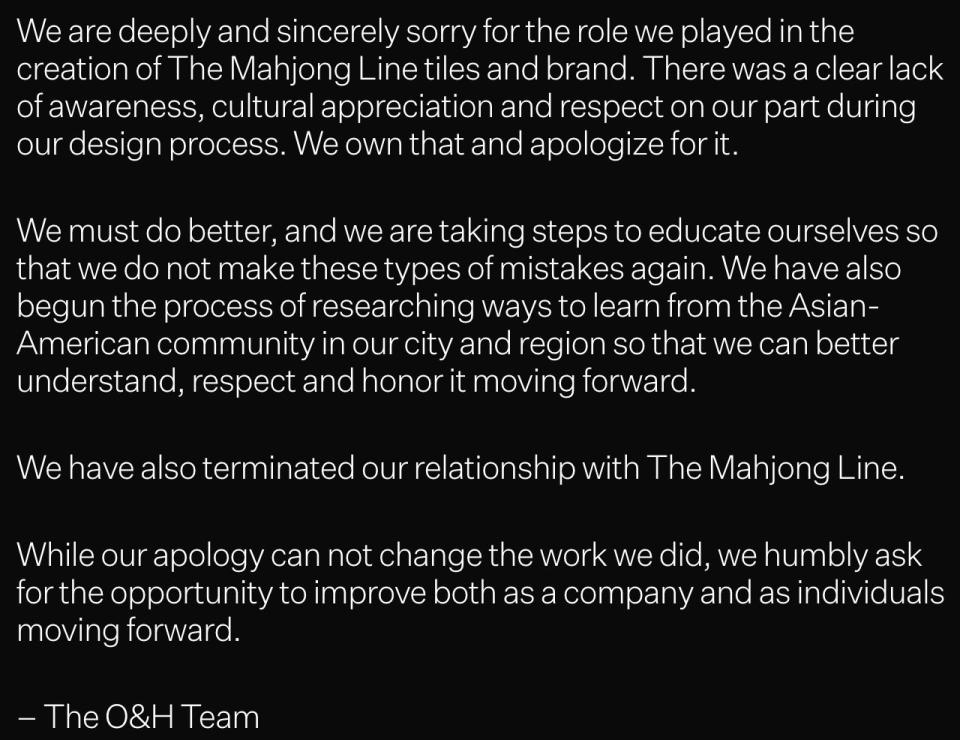 A pop-up on the O&amp;H Brand Design website apologizing for its role in the creation of The Mahjong Line. (Photo: )