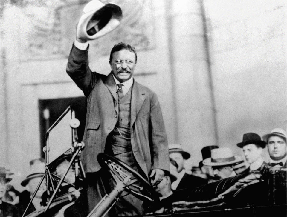 FILE - Theodore Roosevelt campaigns for the presidency in 1904. Theodore Roosevelt, as well as Woodrow Wilson, who revived the practice of delivering the annual State of the Union in person to Congress after more than a century of presidents sending lawmakers a written update. The explosion in direct contact between presidents and the public shifted the center of political gravity to the White House, supplanting Congress's role as a direct representative of voters. (AP Photo, File)