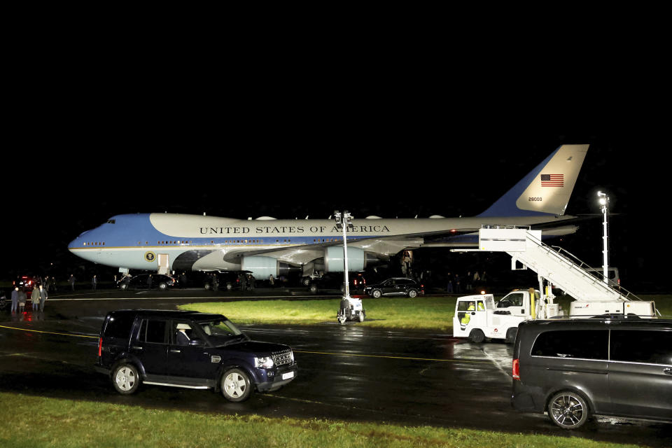 U.S. President Joe Biden arrives in Air Force One at RAF Aldergrove airbase in County Antrim, Northern Ireland, Tuesday April 11, 2023. (Clodagh Kilcoyne/Pool via AP)