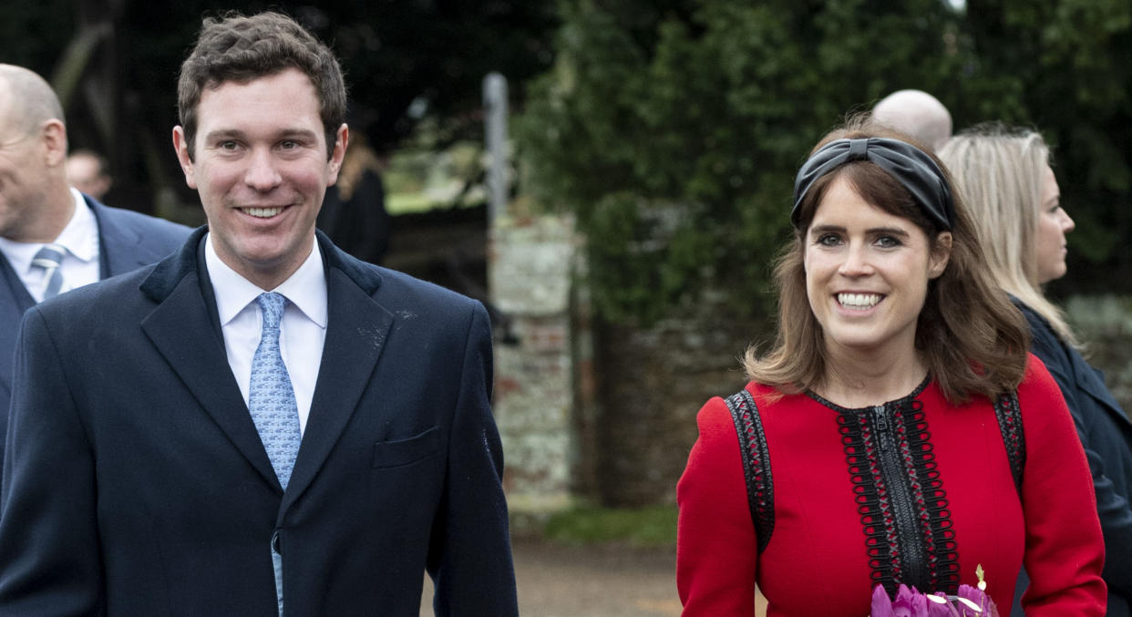 KING'S LYNN, ENGLAND - DECEMBER 25: Princess Eugenie and Jack Brooksbank attend Christmas Day Church service at Church of St Mary Magdalene on the Sandringham estate on December 25, 2018 in King's Lynn, England. (Photo by UK Press Pool/UK Press via Getty Images)