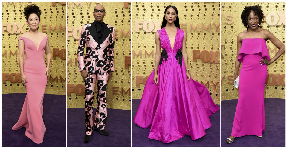 This combination photo shows, from left, Sandra Oh, from "Killing Eve," RuPaul, from "RuPaul's Drag Race," Mj Rodriguez, from "Pose," and Charlayne Woodard, from "Pose," at the 71st Primetime Emmy Awards in Los Angeles on Sept. 22, 2019. (AP Photo)