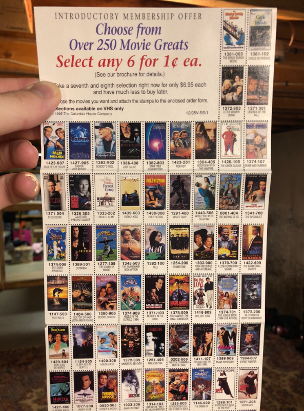 Catalog of classic movies available for selection on VHS, with titles and cover images displayed for ordering