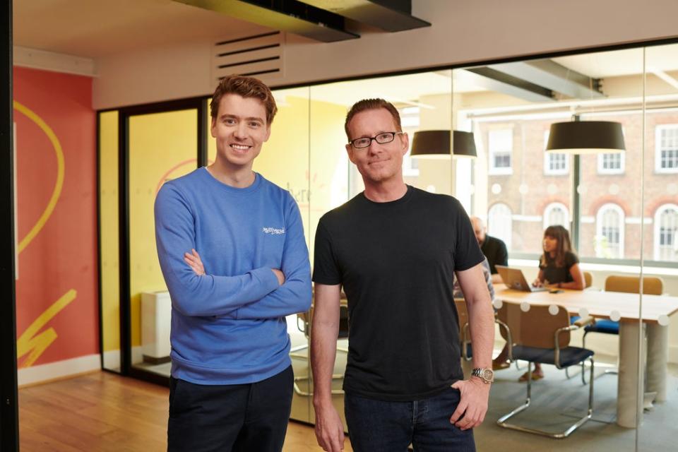 Euan Blair co-founded the start-up with friend Sophie Adelman in 2016 -- pictured with Multiverse board member and president, Jeremy Duggan (Multiverse)