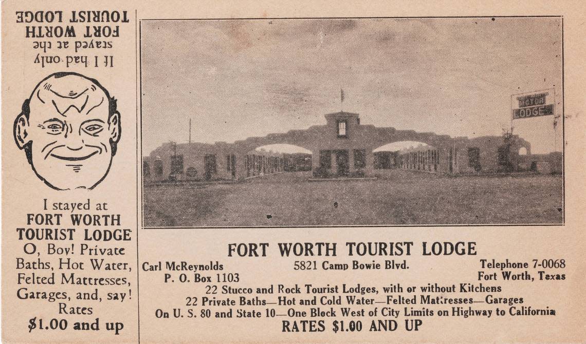 Fort Worth Tourist Lodge. This “trick” postcard from the 1930s showed either a smiling or frowning face depending on whether the person stayed at the lodge. State Highway 10 was a short-lived designation that frequently changed routes in Texas.