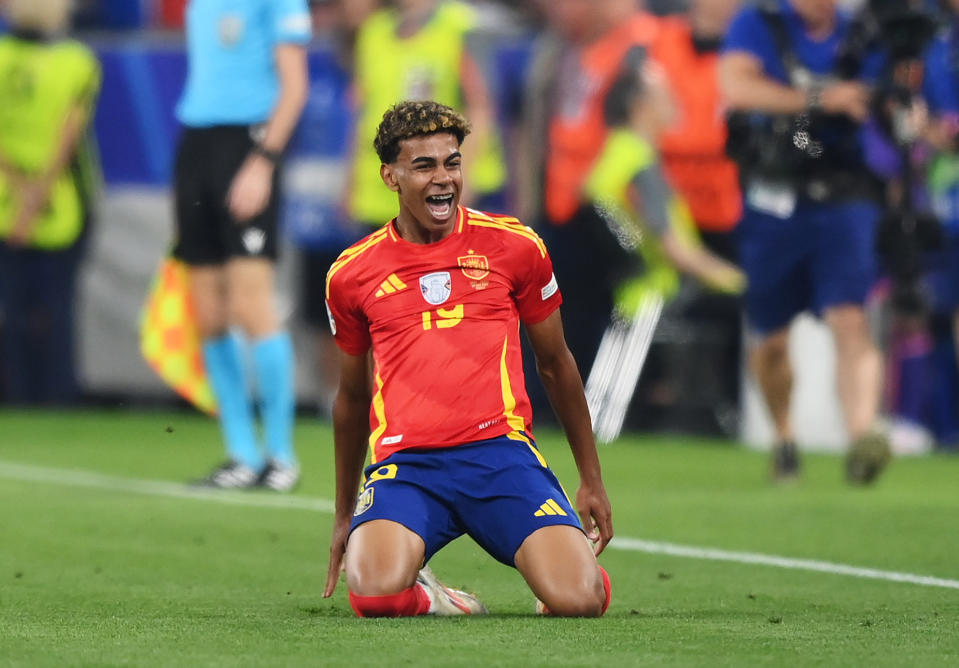 MUNICH, GERMANY - JULY 09: Lamine Yamal of Spain celebrates scoring his team's first goal during the UEFA EURO 2024 Semi-Final match between Spain and France at Munich Football Arena on July 09, 2024 in Munich, Germany. (Photo by Justin Setterfield/Getty Images)