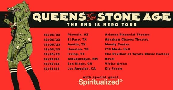 Queens of the Stone Age will perform in El Paso on Wednesday, Dec. 6, 2023, at the Abraham Chavez Theater as part of the West Coast leg of its "The End Is Nero Tour." Tickets for the concert go on sale at 10 a.m. Friday, Sept. 22, 2023.