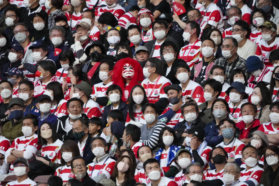 Spectators watch the rugby international between the All Blacks and Japan at the National Stadium in Tokyo, Japan, Saturday, Oct. 29, 2022. (AP Photo/Shuji Kajiyama)