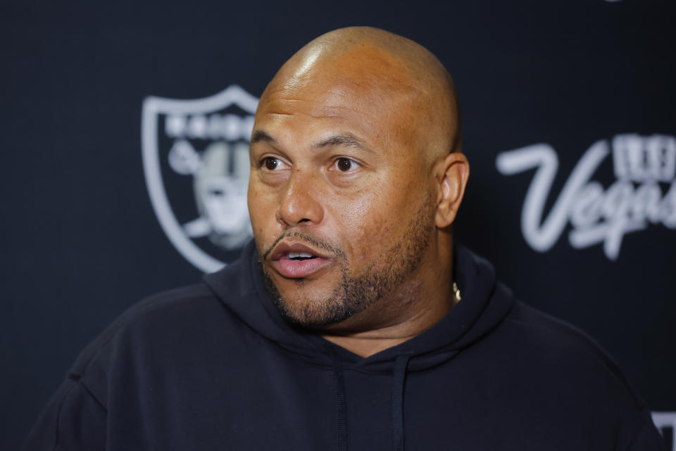 Las Vegas Raiders head coach Antonio Pierce talks to the media following an NFL football game against the Minnesota Vikings, Saturday, Aug. 10, 2024, in Minneapolis. (AP Photo/Bruce Kluckhohn)