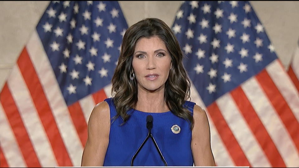 In this image from video, South Dakota Gov. Kristi Noem speaks during the third night of the Republican National Convention on Wednesday, Aug. 26, 2020.(Courtesy of the Committee on Arrangements for the 2020 Republican National Committee via AP)