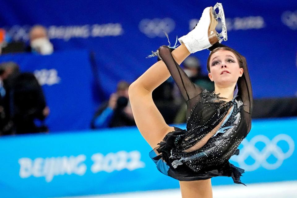 Anna Shcherbakova (ROC) in the women’s figure skating short program during the Beijing 2022 Olympic Winter Games at Capital Indoor Stadium, Feb. 15, 2022.