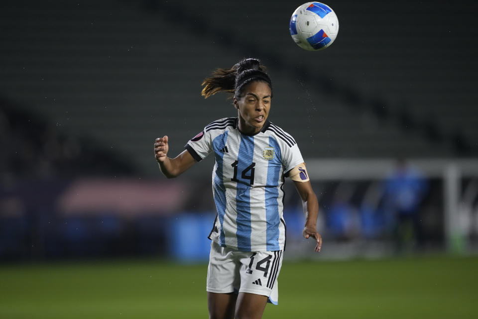 Argentina midfielder Miriam Mayorga heads the ball during the second half of the team's CONCACAF Gold Cup women's soccer tournament match against the United States, Friday, Feb. 23, 2024, in Carson, Calif. (AP Photo/Ryan Sun)