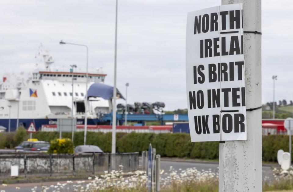 An anti-Northern Ireland Protocol sign close to Larne Port (Liam McBurney/PA) (PA Wire)