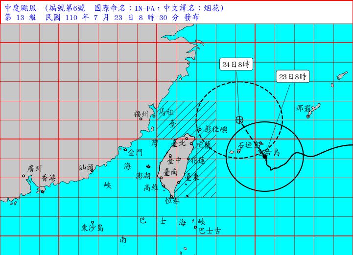 ▲「烟花」颱風23日8時的中心位置在北緯 24.1 度，東經 125.5 度，即在臺北的東南東方約 420 公里之海面上。（圖/氣象局提供）