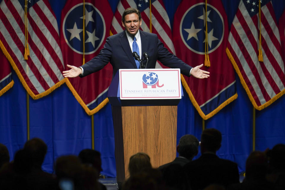 Republican presidential candidate Florida Gov. Ron DeSantis speaks during the Tennessee Republican Party Statesmen's Dinner, Saturday, July 15, 2023 in Nashville, Tenn. (AP Photo/George Walker IV)