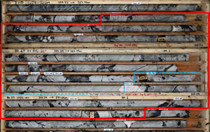 Spodumene pegmatite in drill hole CV23-141 – 8.8 m at 5.20% Li2O (red box), including 1.0 m at 6.74% Li2O (blue box)