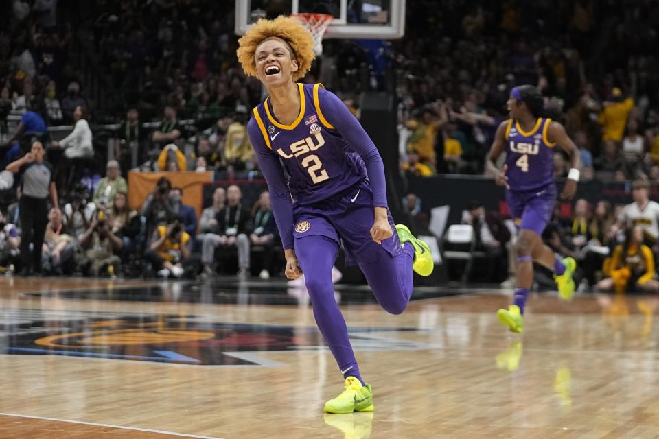 LSU's Jasmine Carson reacts to a three pointer during the first half of the NCAA Women's Final Four championship basketball game against Iowa Sunday, April 2, 2023, in Dallas. (AP Photo/Darron Cummings)