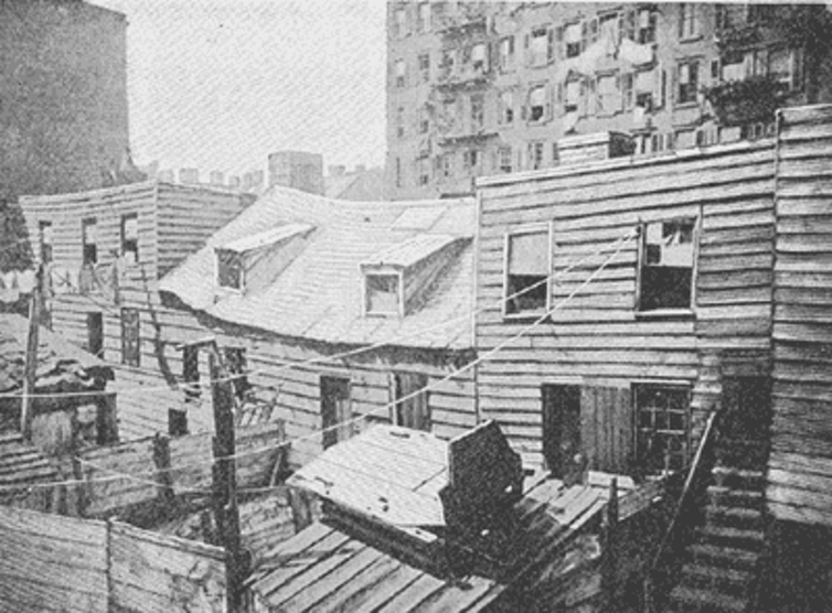 <span class="caption">Five Points wooden tenements, New York.</span> <span class="attribution"><a class="link " href="https://commons.wikimedia.org/w/index.php?curid=15082663" rel="nofollow noopener" target="_blank" data-ylk="slk:Wikimedia Commons;elm:context_link;itc:0;sec:content-canvas">Wikimedia Commons</a></span>