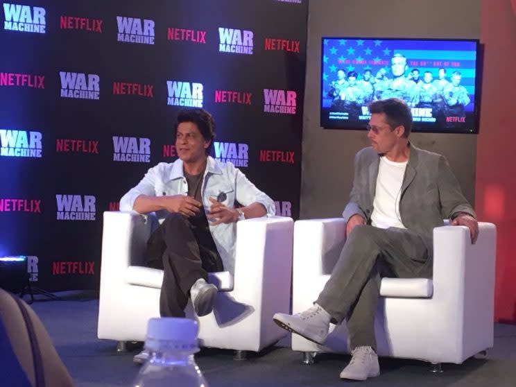 Bollywood actor Shah Rukh Khan met Hollywood actor Brad Pitt in Mumbai, India, as part of promotions for upcoming Netflix show War Machine. (Photo: The Quint)