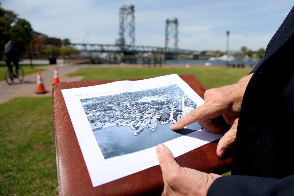 Tom Watson, chair of the city's Blue Ribbon Committee on the Prescott Park Master Plan, talks about plans to improve the sea wall in Prescott Park on Friday, May 27, 2022.