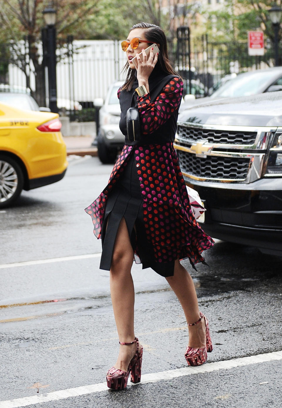 Red polka dots and platform shoes at New York Fashion Week.