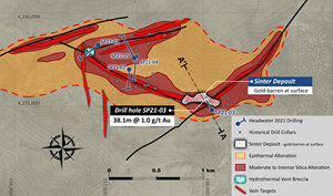 Plan map of the Spring Peak alteration footprint and interpreted principle structural controls, with 2021 drill hole locations, and location of section line shown in Figure 3.