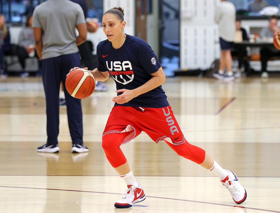 INDEPENDENCE, OHIO - APRIL 03: Diana Taurasi #12 handles the ball during the USA Basketball Women's National Team Training Camp at Cleveland Clinic Courts on April 03, 2024 in Independence, Ohio. (Photo by Mike Lawrie/Getty Images)