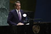Greece's Prime Minister Kyriakos Mitsotakis addresses the 74th session of the United Nations General Assembly, Friday, Sept. 27, 2019, at the United Nations headquarters. (AP Photo/Frank Franklin II)