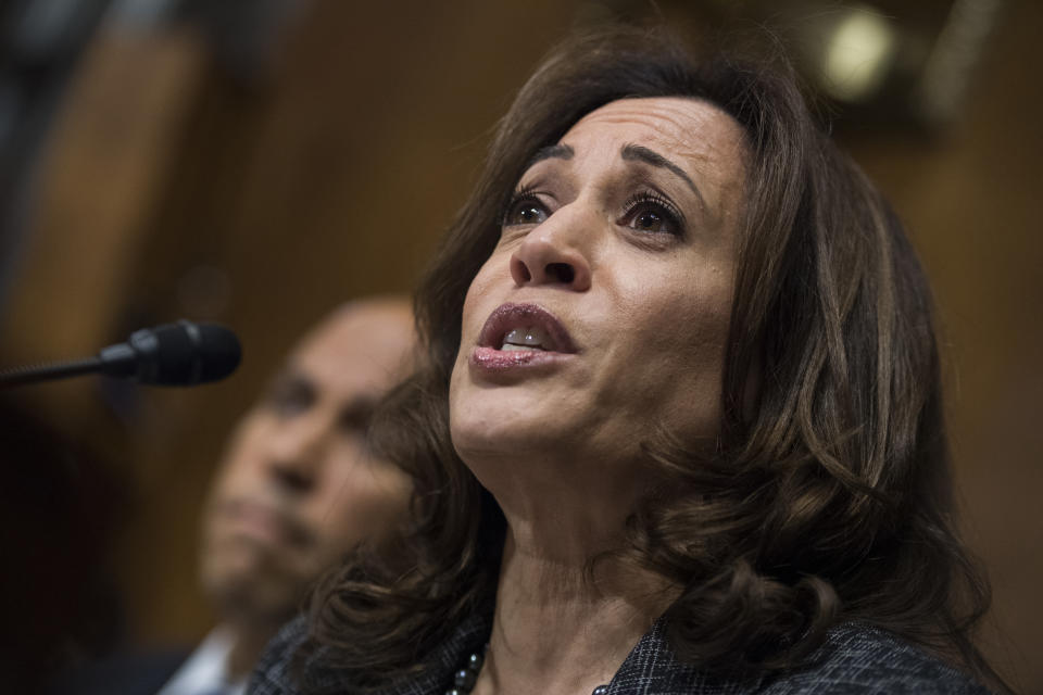 Sen. Kamala Harris, D-Calif., listens to Christine Blasey Ford testify during the Senate Judiciary Committee hearing on the nomination of Brett M. Kavanaugh to be an associate justice of the Supreme Court of the United States, focusing on allegations of sexual assault by Kavanaugh against Christine Blasey Ford in the early 1980s. (Tom Williams/Pool Photo via AP)