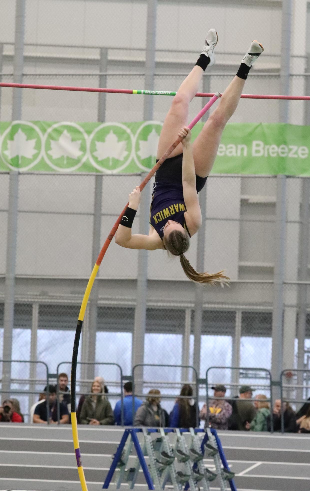 Lily Beattie from Warwick competes in the girls pole vault at the 2024 New York State Indoor Track and Field Championships at the Ocean Breeze Athletic Complex in Staten Island, March 2, 2024.