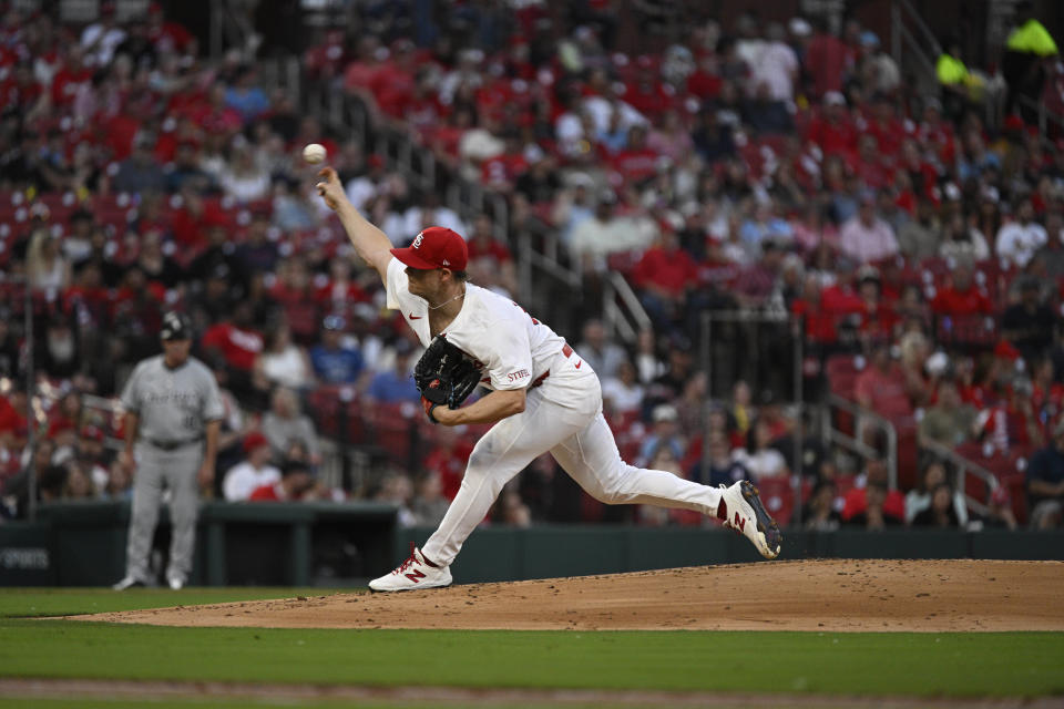 St. Louis Cardinals starting pitcher Sonny Gray delivers against the Chicago White Sox during the second inning of a baseball game Friday, May 3, 2024, in St. Louis. (AP Photo/Jeff Le)