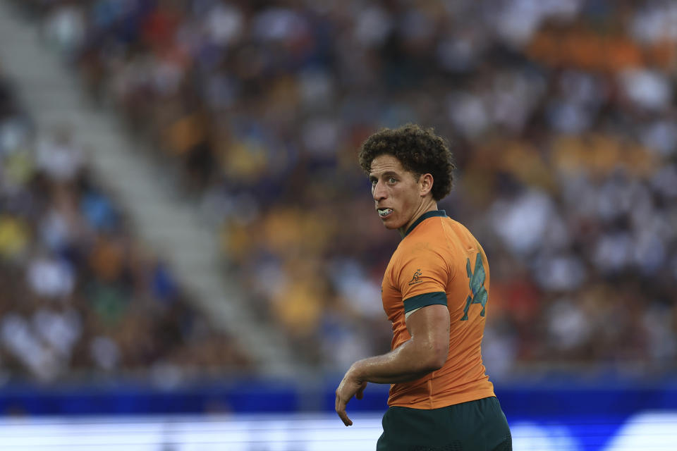 Australia's Mark Nawaqanitawase looks on during the Rugby World Cup Pool C match between Australia and Fiji at the Stade Geoffroy Guichard in Saint-Etienne, France, Sunday, Sept. 17, 2023. (AP Photo/Aurelien Morissard)