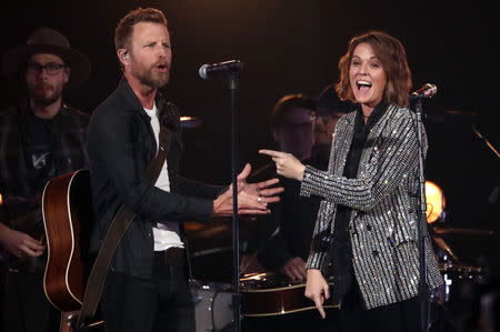 54th Academy of Country Music Awards- Show - Las Vegas, Nevada, U.S., April 7, 2019 - Dierks Bentley and Brandi Carlile perform "Travelin' Light." REUTERS/Mario Anzuoni