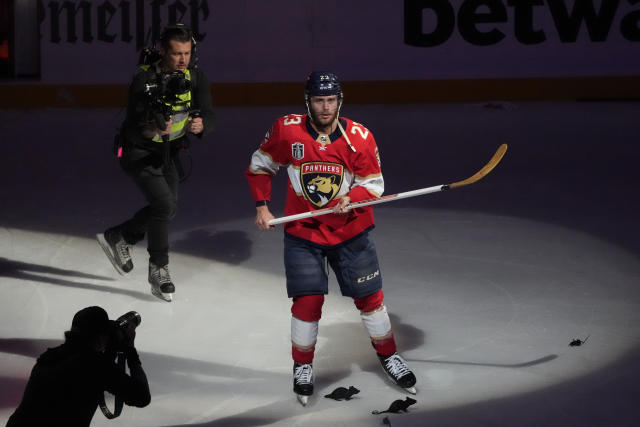 Florida Panthers' Carter Verhaeghe (23) celebrates after his goal in  overtime during Game 7 of an NHL hockey Stanley Cup first-round playoff  series against the Boston Bruins, Sunday, April 30, 2023, in