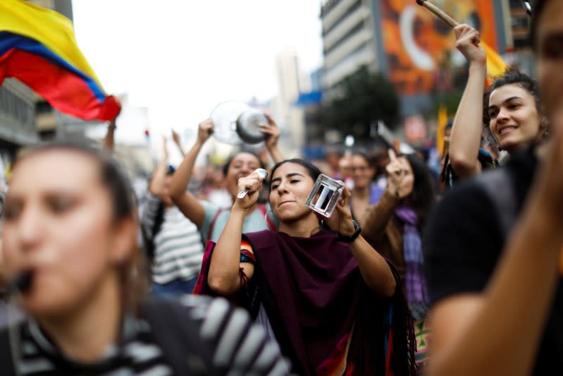 Demonstrators take part in a protest as a national strike continues in Bogota