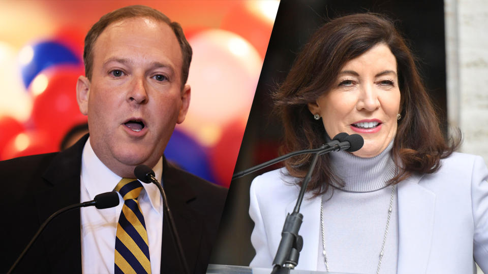 Rep. Lee Zeldin (R-NY) and Gov. Kathy Hochul. (Photo illustration: Yahoo News; photos: Michael M. Santiago/Getty Images, Star Max IPx via AP)