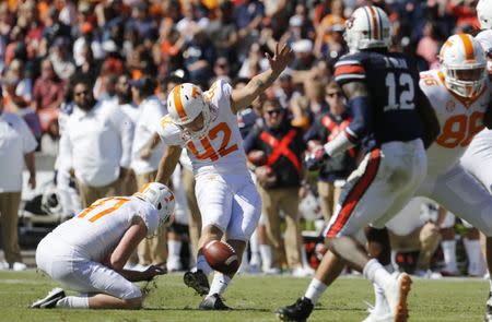 Oct 13, 2018; Auburn, AL, USA; A Tennessee Volunteers kicker Brent Cimaglia (42) kicks a field goal against the Auburn Tigers during the second quarter at Jordan-Hare Stadium. Mandatory Credit: John Reed-USA TODAY Sports