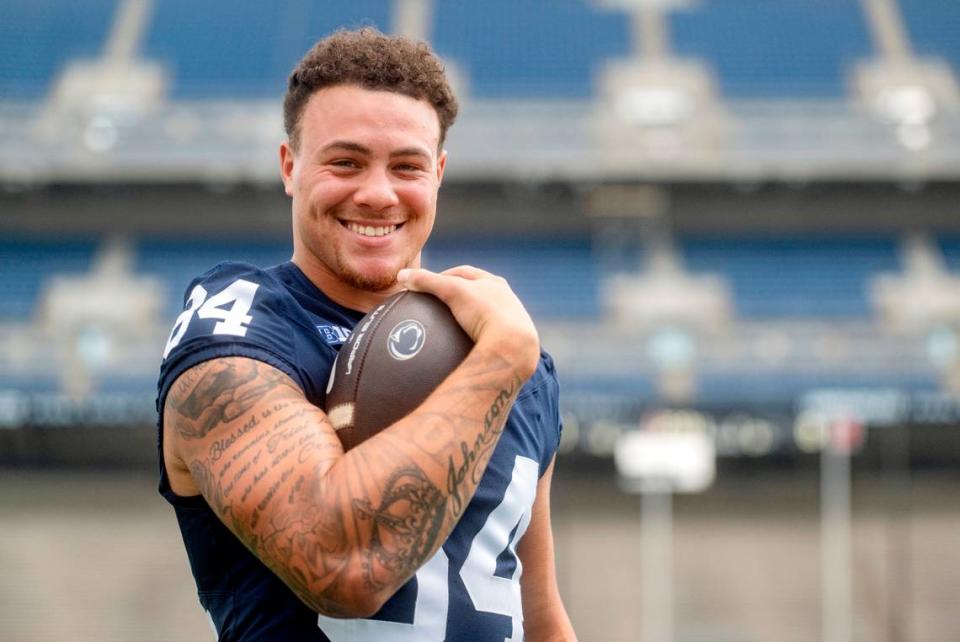 Penn State tight end Theo Johnson poses for a photo during Penn State football media day on Sunday, Aug. 6, 2023.