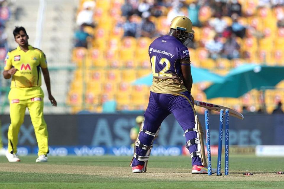 Andre Russell of Kolkata Knight Riders gets clean bowled by Shardul Thakur of Chennai Super Kings during match 38 of the Vivo Indian Premier League between the Chennai Super Kings and the