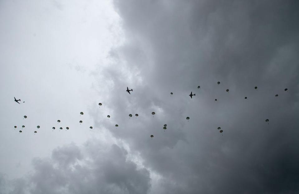 The Commemorative Parachute Descent took place over Sannerville, France, during commemorations for the 75th anniversary of the D-Day landings (PA)