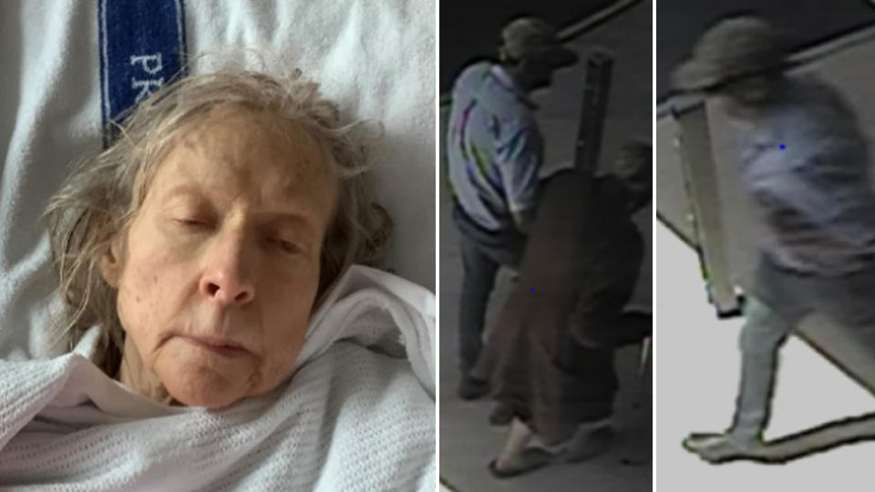 An unidentified woman in a hospital bed (left) and CCTV stills of a man walking her to a hospital.