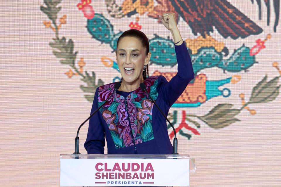 Mexico's presidential candidate for Morena party Claudia Sheinbaum celebrates following the results of the general election in Mexico City, on June 3, 2024.