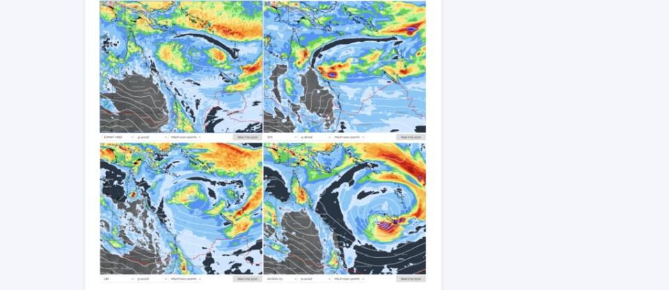 Image: ECMWF (top-left), GFS (top-right), UKMO (bottom-left) and Access-G (bottom-right) forecasts for Wednesday 7th 11pm. Only Access-G has this system at tropical cyclone strength at this timestep.