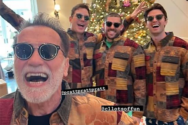 <p>Arnold Schwarzenegger/instagram</p> Chris Pratt with Arnold, Patrick and Christopher Schwarzenegger in December 2023.