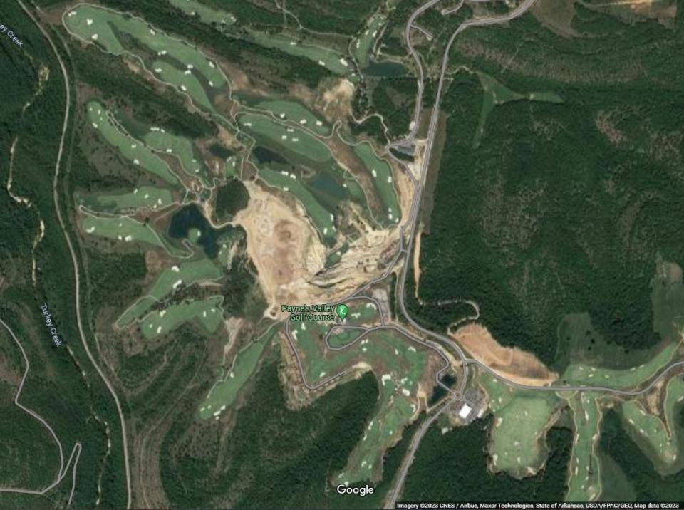 A satellite view of Payne's Valley near Branson shows the scale of the ongoing construction in the middle of the Tiger Woods-designed golf course.